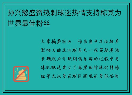 孙兴慜盛赞热刺球迷热情支持称其为世界最佳粉丝